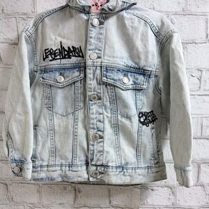 Kids Light Blue Washed Denim Jacket with Black Graphic Accents